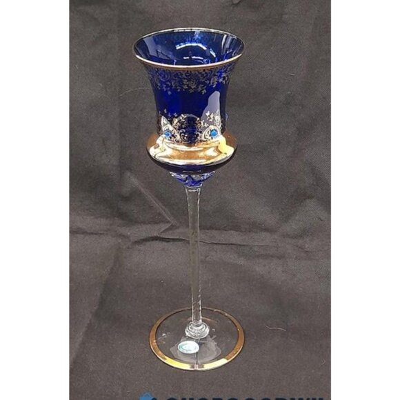 Vintage Blue Balboa Venetian Gold Gilded Crystal Twisted Stem Wine Glass With In - Picture 4 of 5